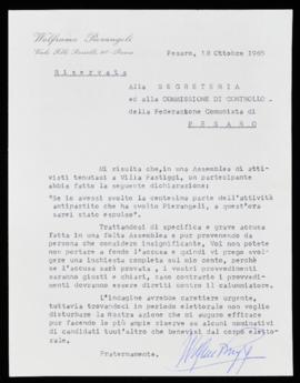 Lettera di Pierangeli alla Segreteria e alla Commissione di controllo - 1965